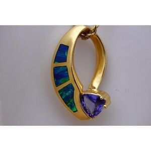 14k Solid Yellow Gold Natural Opal and Amethyst Pendant - Necklace Heavy Long